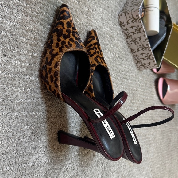 Leopard Point Toe Slingback’s Steve Madden Red Burgundy Real Cow Hair Fur - Picture 3 of 6